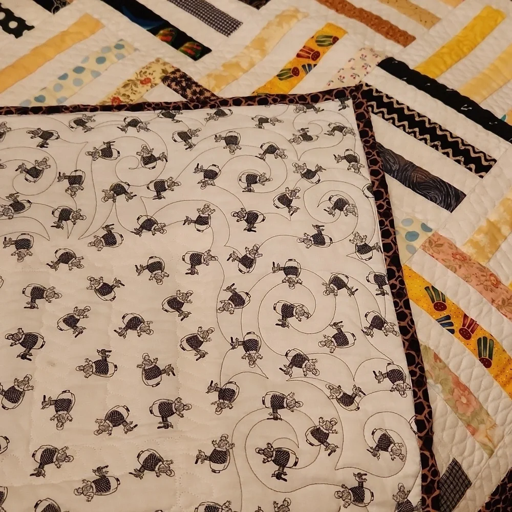 NWOT, Handmade Striped Patchwork Quilt with Brown Border sz 60.5